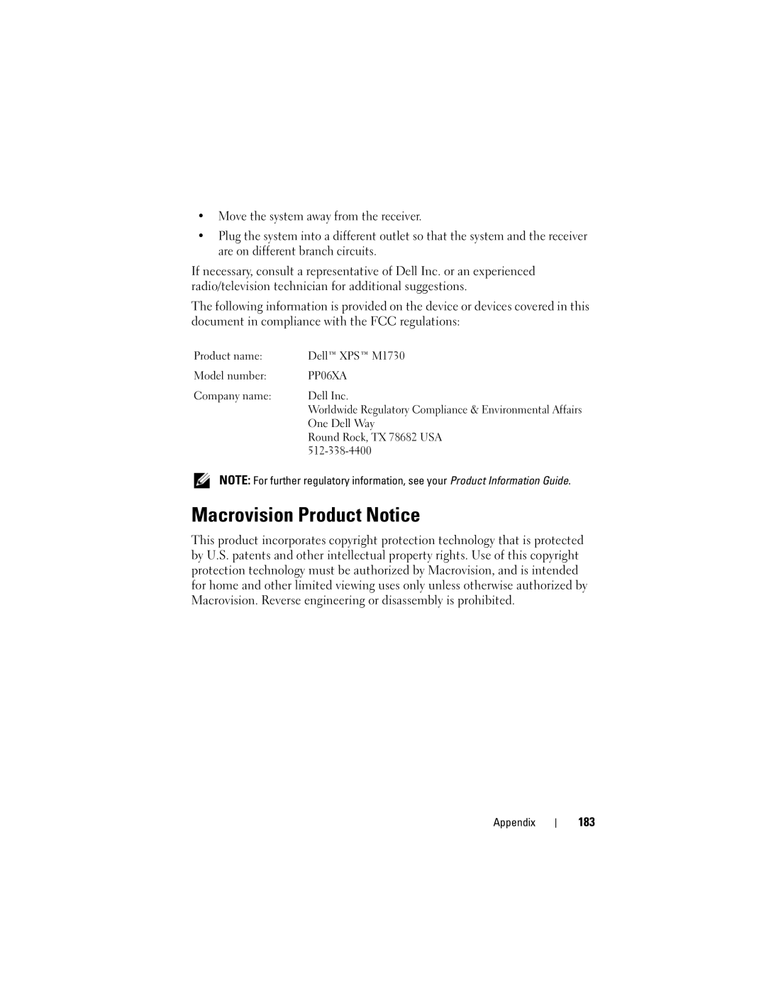 Dell TM373, PP06XA owner manual Macrovision Product Notice, 183 