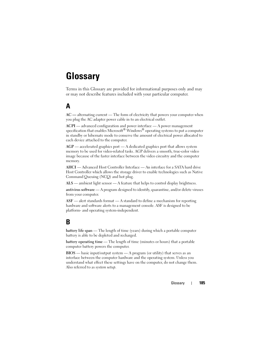 Dell TM373, PP06XA owner manual Glossary, 185 