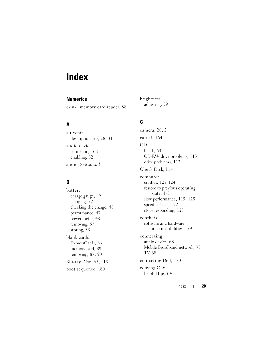 Dell TM373, PP06XA owner manual Index, 201 