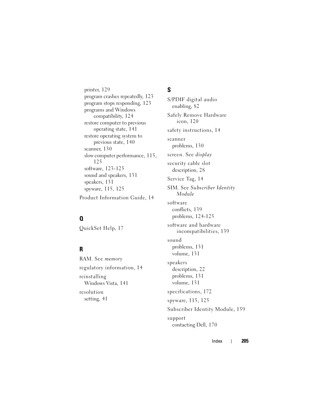 Dell TM373, PP06XA owner manual SIM. See Subscriber Identity Module, 205 