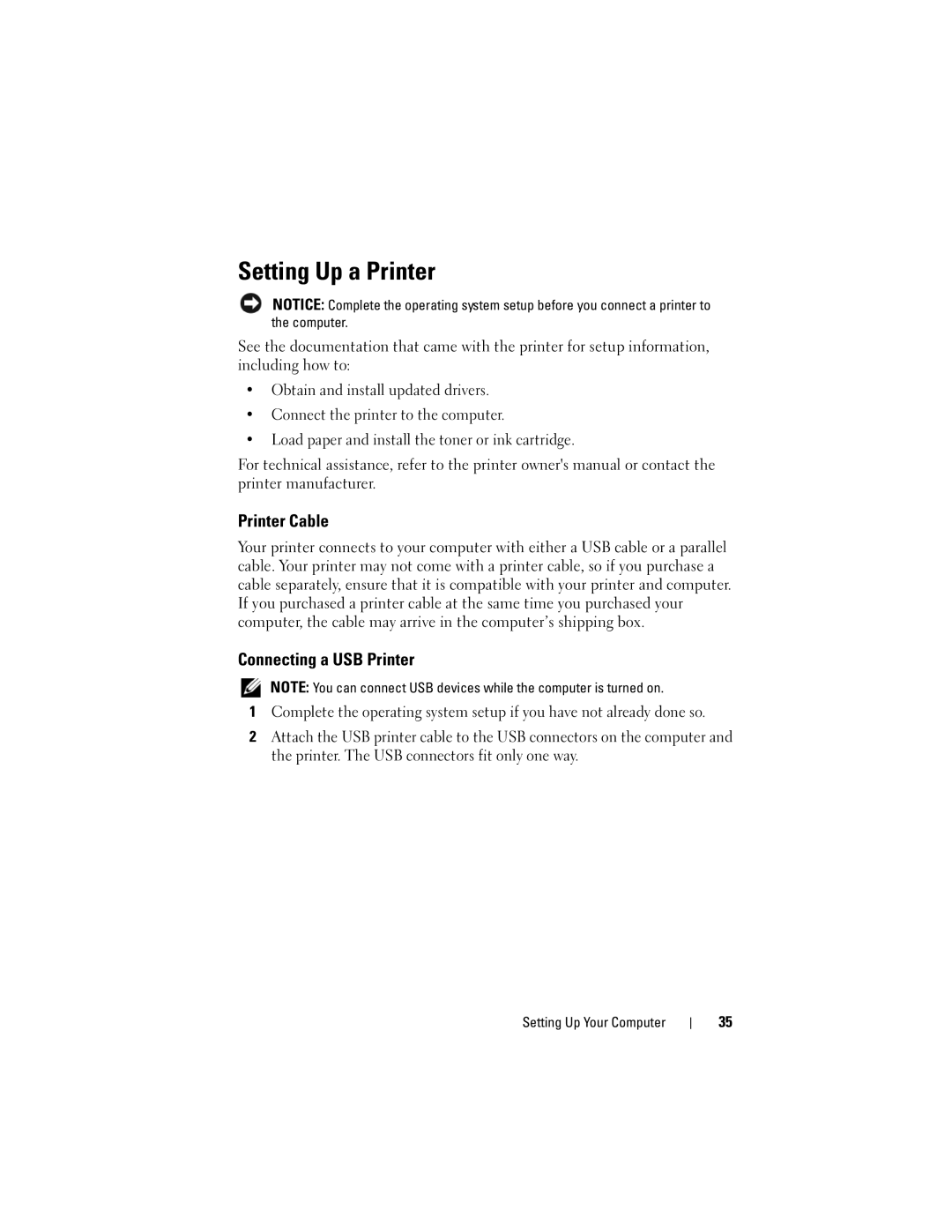 Dell TM373, PP06XA owner manual Setting Up a Printer, Printer Cable, Connecting a USB Printer 