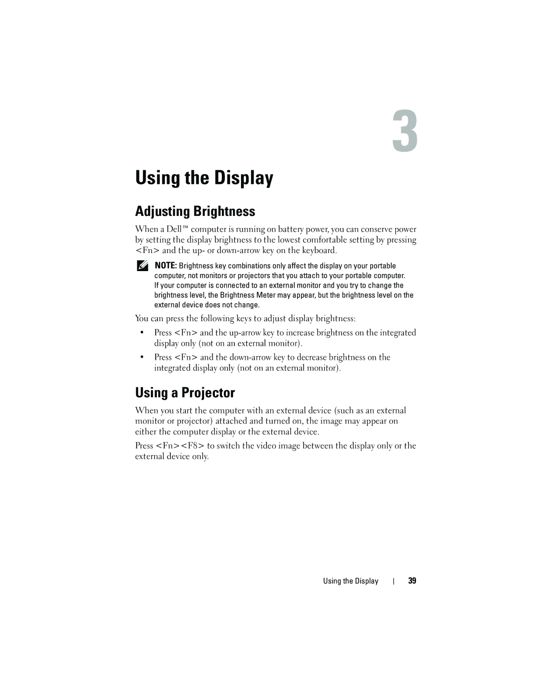 Dell TM373, PP06XA owner manual Using the Display, Adjusting Brightness, Using a Projector 