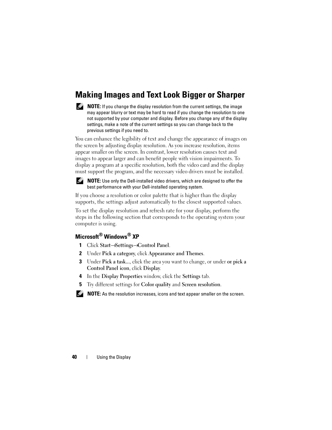 Dell PP06XA, TM373 owner manual Making Images and Text Look Bigger or Sharper, Microsoft Windows XP 