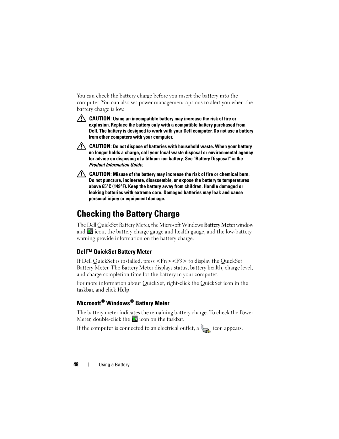 Dell PP06XA, TM373 owner manual Checking the Battery Charge, Dell QuickSet Battery Meter, Microsoft Windows Battery Meter 