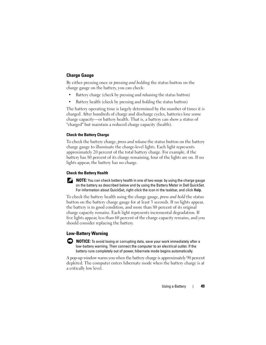 Dell TM373, PP06XA owner manual Charge Gauge, Low-Battery Warning, Check the Battery Charge, Check the Battery Health 