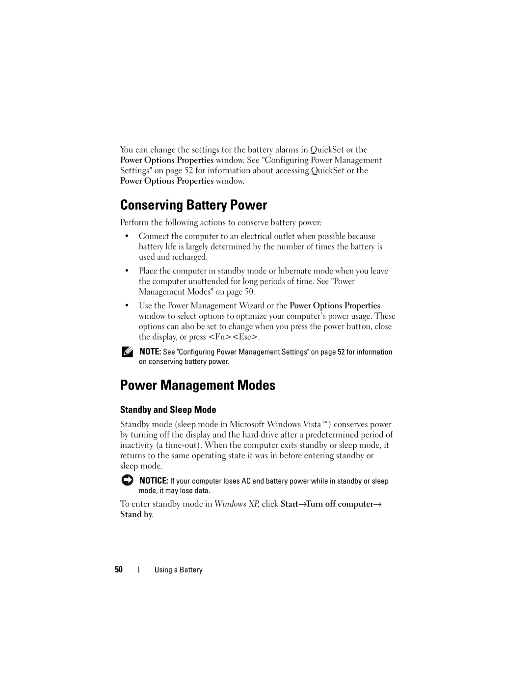 Dell PP06XA, TM373 owner manual Conserving Battery Power, Power Management Modes, Standby and Sleep Mode 