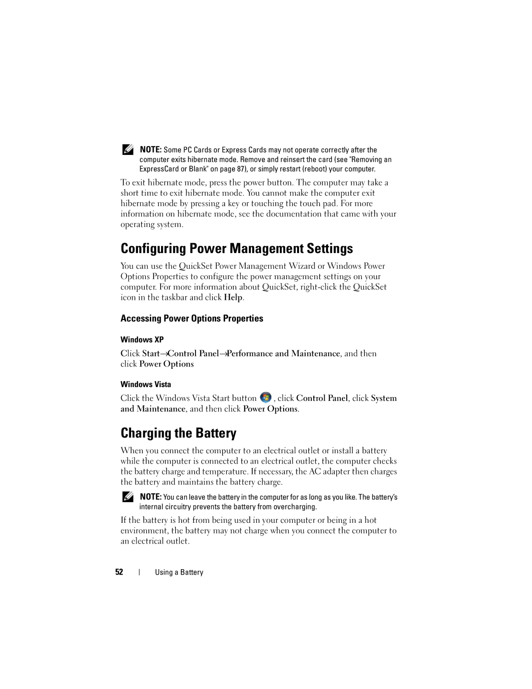 Dell PP06XA Configuring Power Management Settings, Charging the Battery, Accessing Power Options Properties, Windows XP 