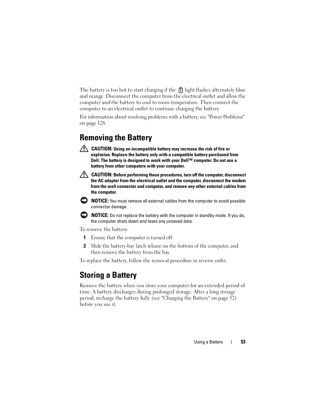 Dell TM373, PP06XA owner manual Removing the Battery, Storing a Battery 