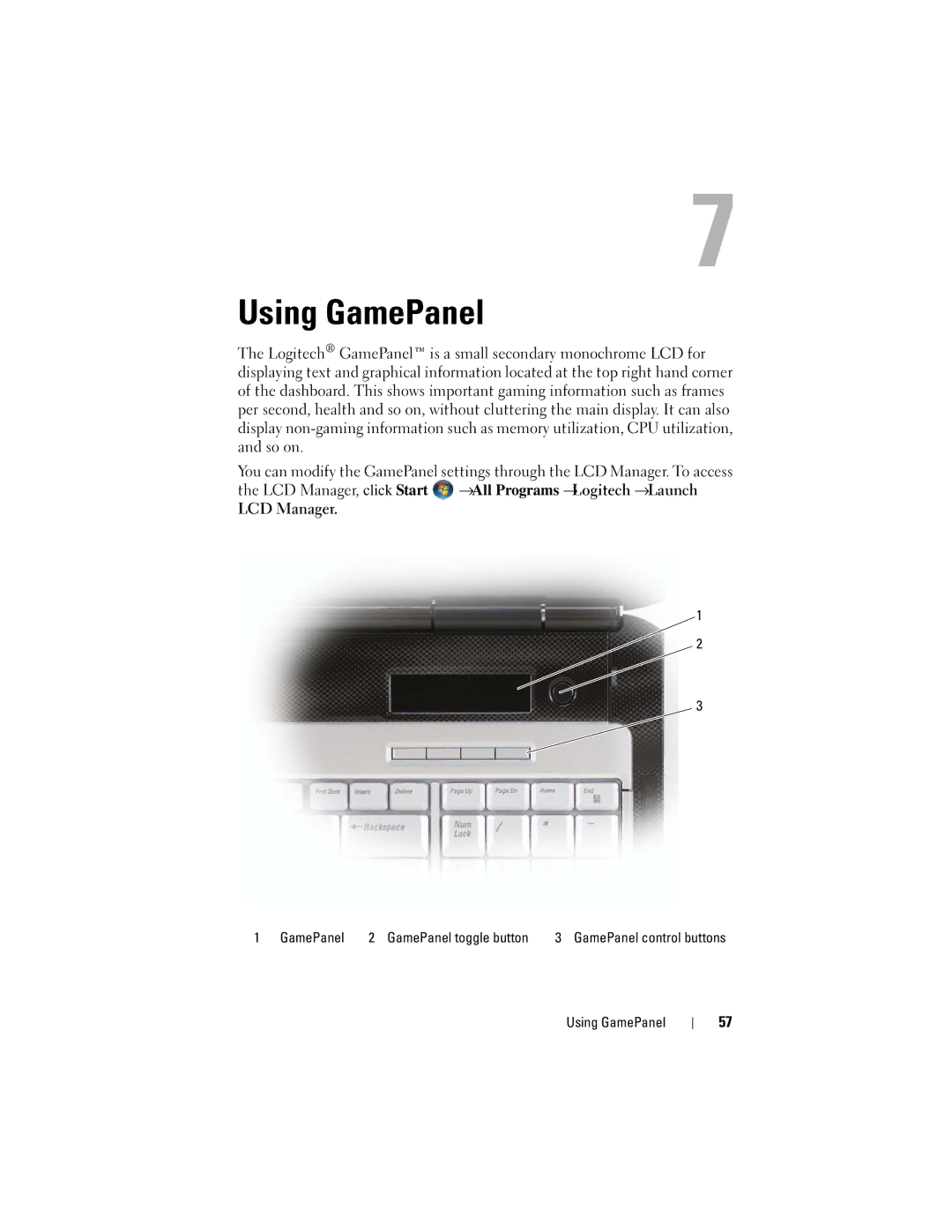 Dell TM373, PP06XA owner manual Using GamePanel, GamePanel GamePanel toggle button 