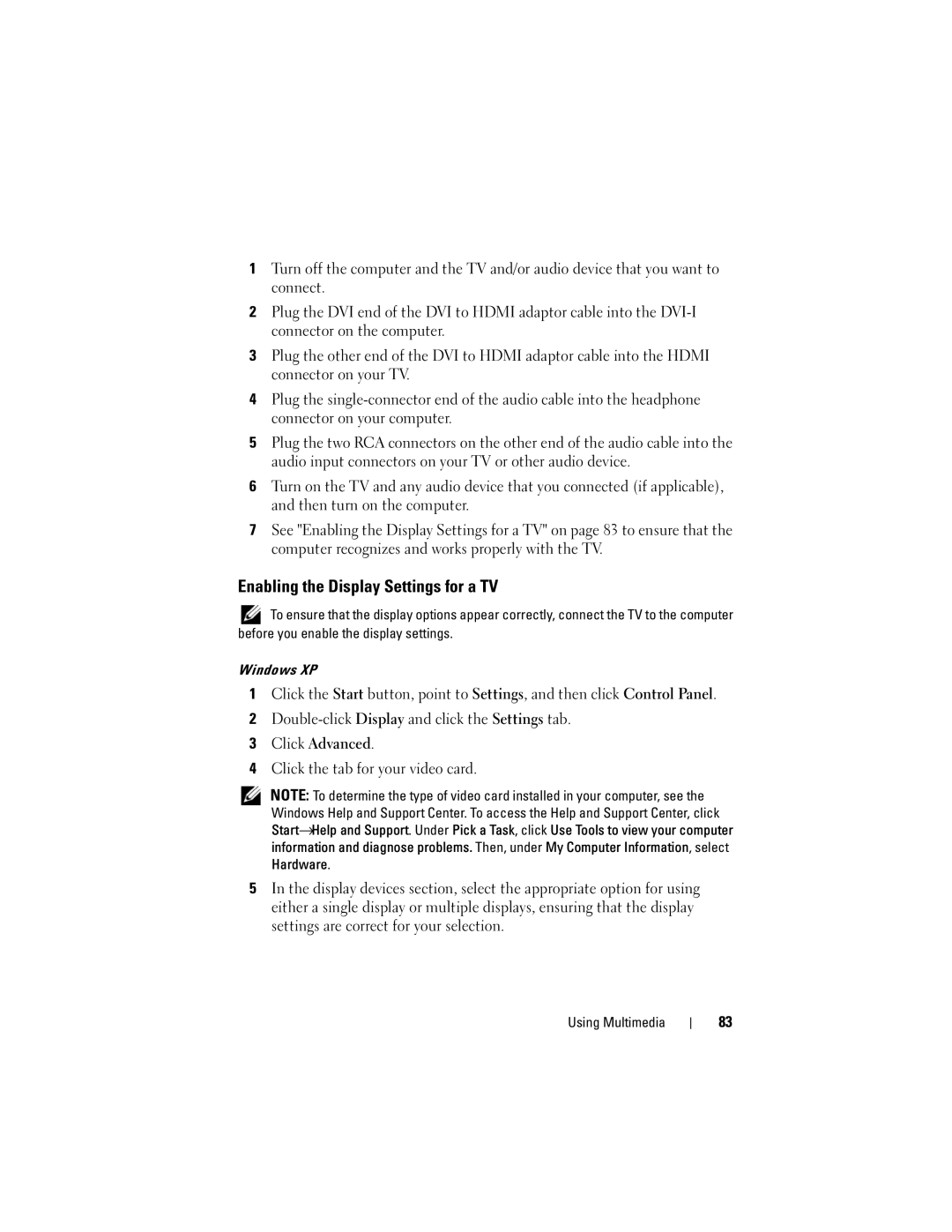 Dell TM373, PP06XA owner manual Enabling the Display Settings for a TV 