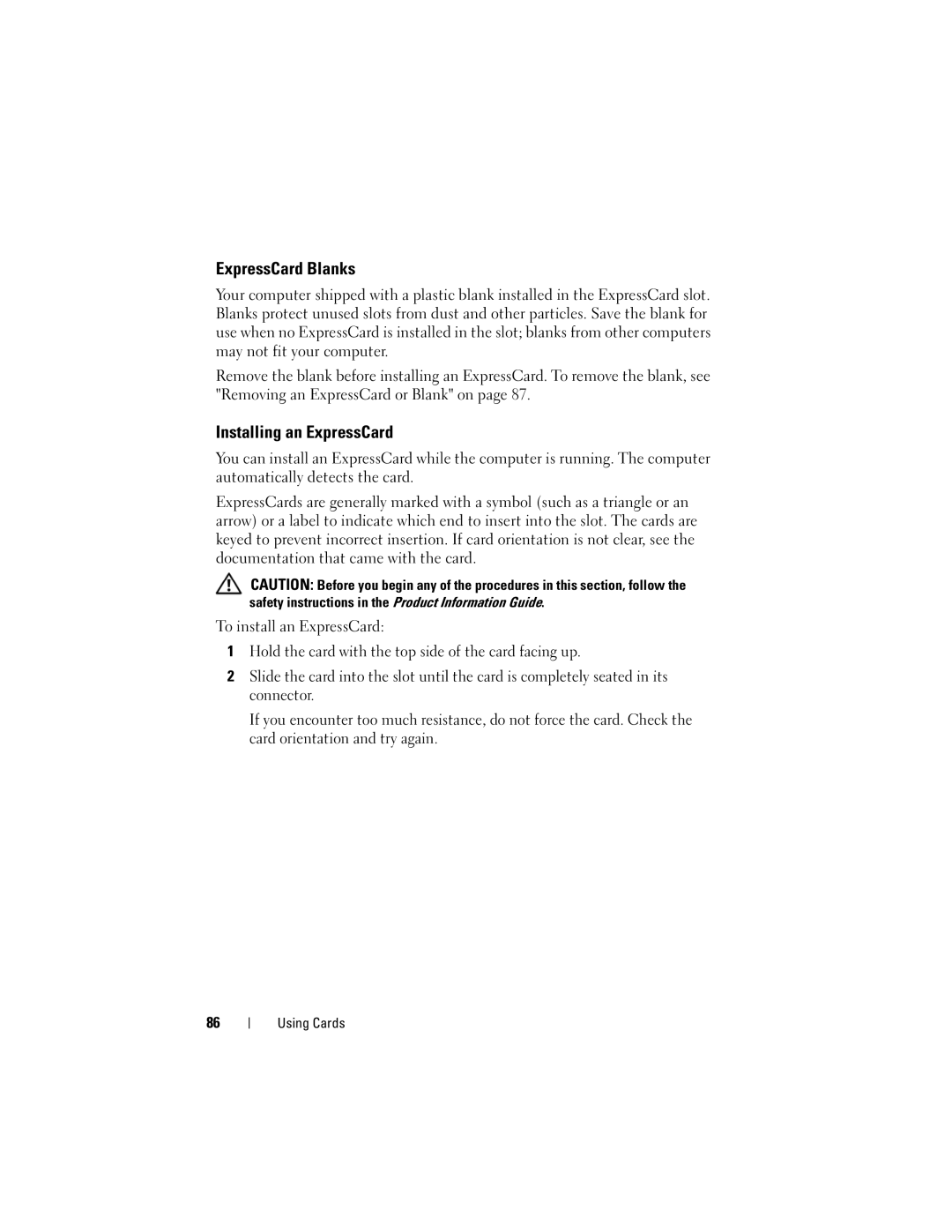 Dell PP06XA, TM373 owner manual ExpressCard Blanks, Installing an ExpressCard 