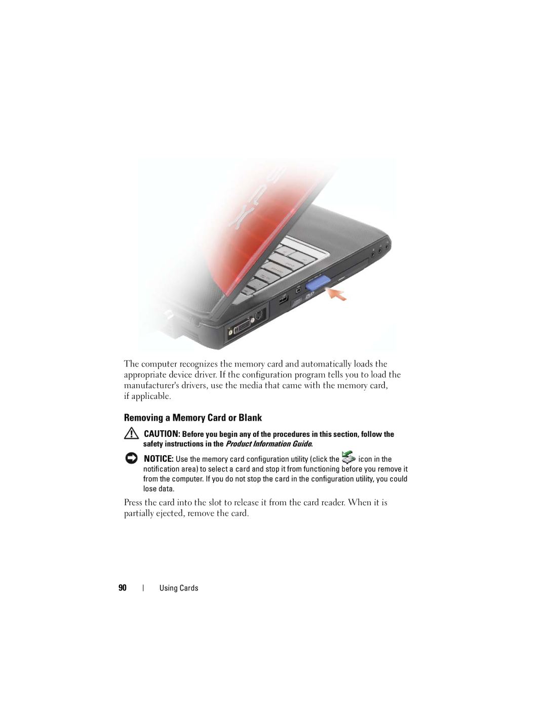 Dell PP06XA, TM373 owner manual Removing a Memory Card or Blank 