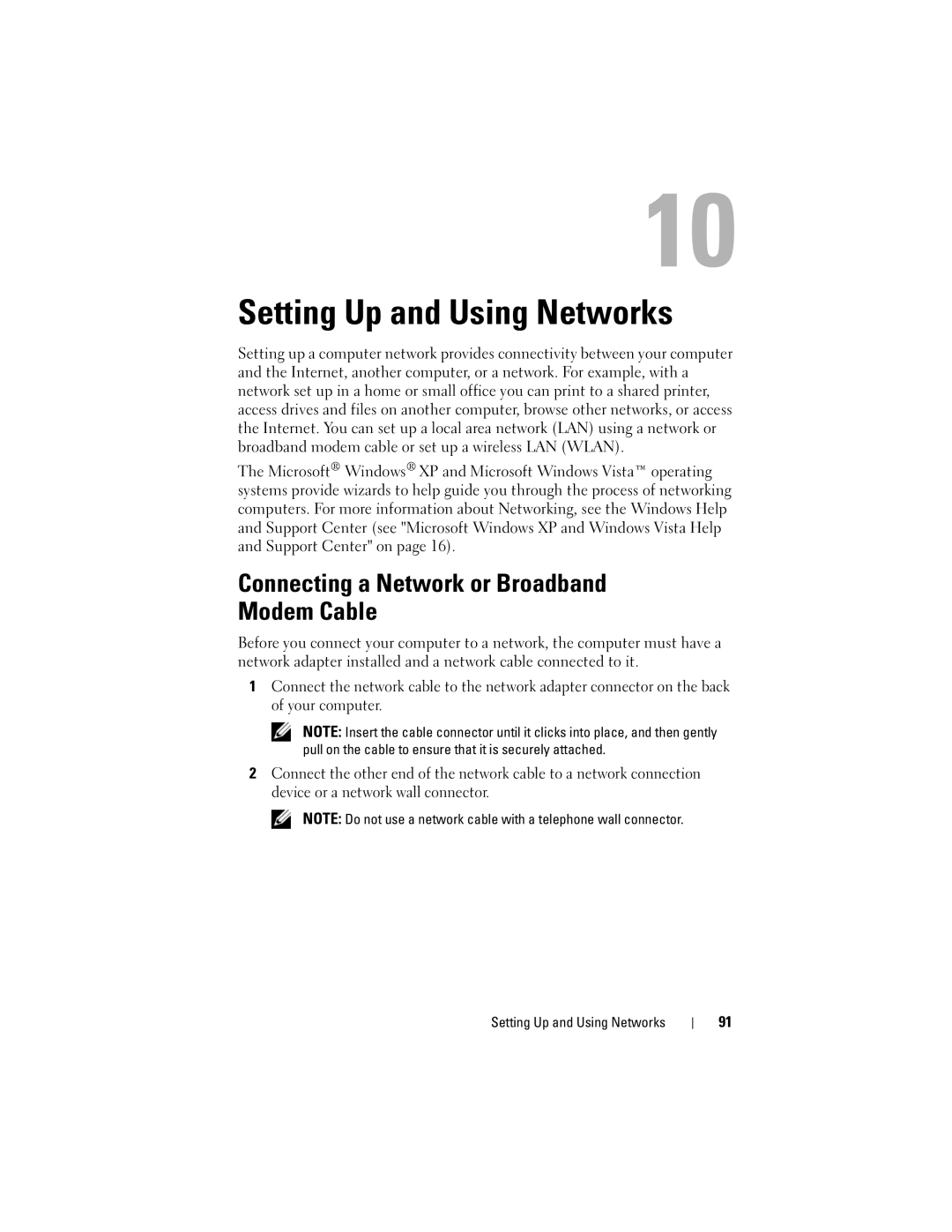 Dell TM373, PP06XA owner manual Setting Up and Using Networks, Connecting a Network or Broadband Modem Cable 