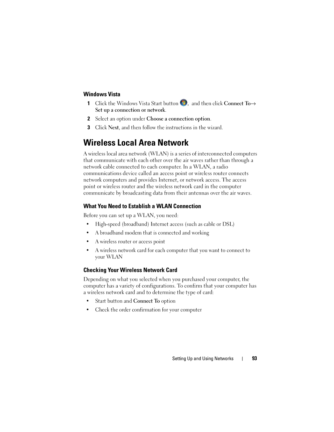 Dell TM373 Wireless Local Area Network, What You Need to Establish a Wlan Connection, Checking Your Wireless Network Card 