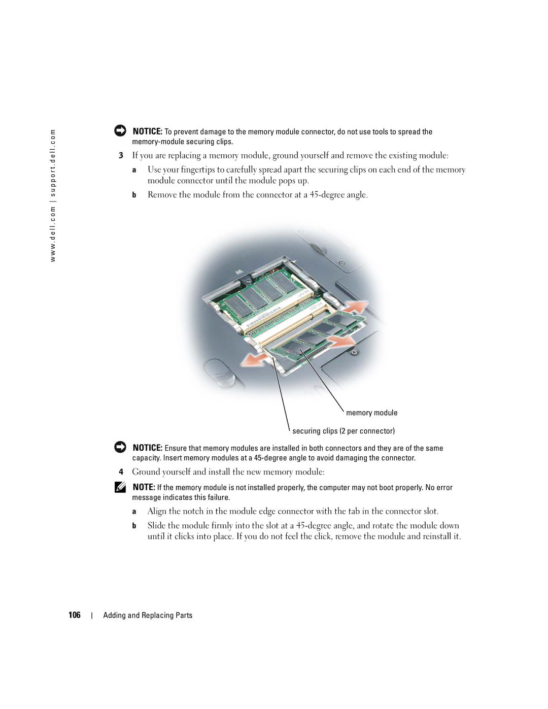 Dell PP09L owner manual Memory module Securing clips 2 per connector 