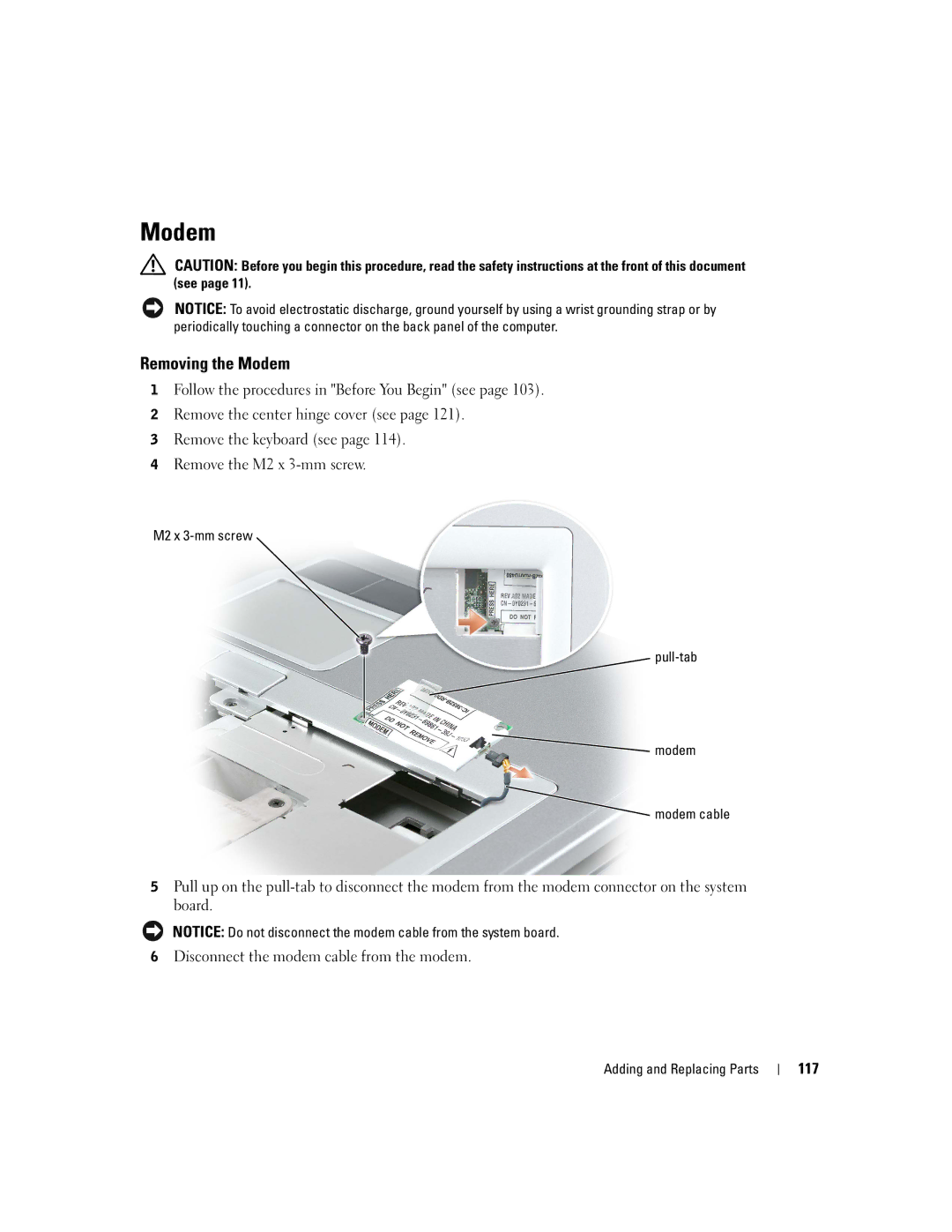 Dell PP09L owner manual Removing the Modem, 117 