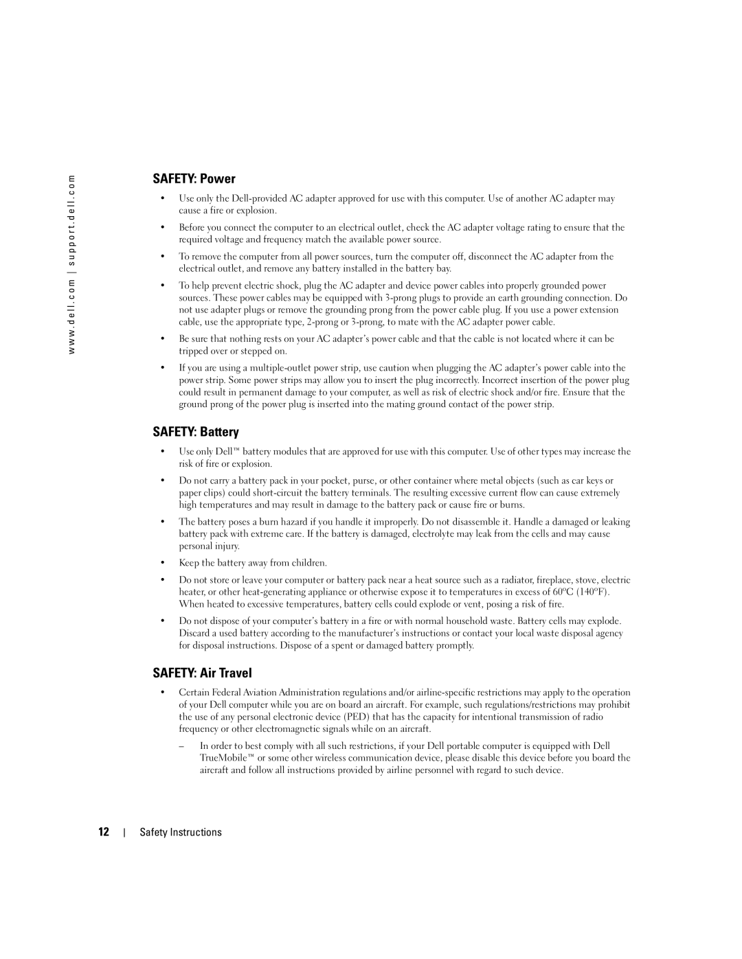 Dell PP09L owner manual Safety Power, Safety Battery, Safety Air Travel 