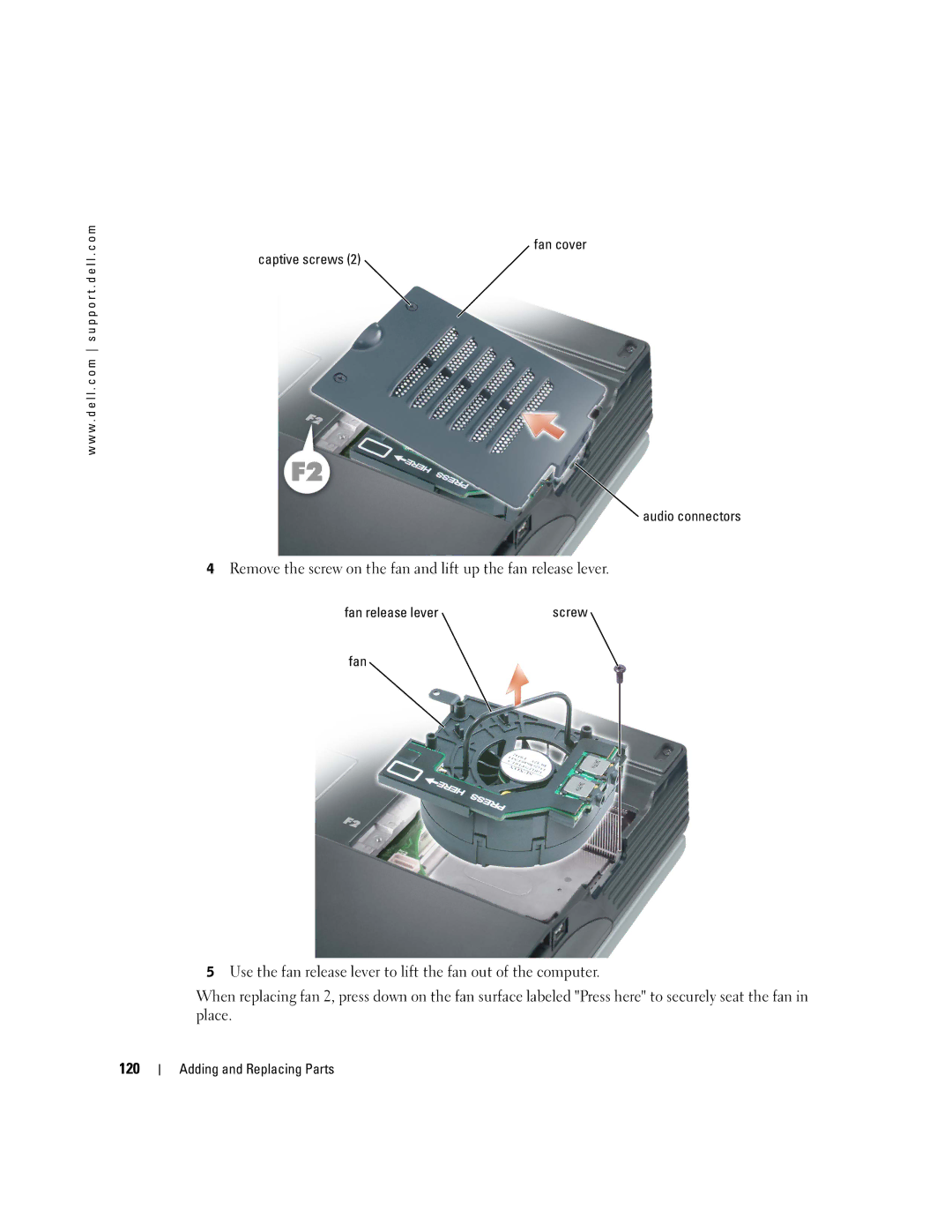 Dell PP09L owner manual Fan cover Captive screws Audio connectors 