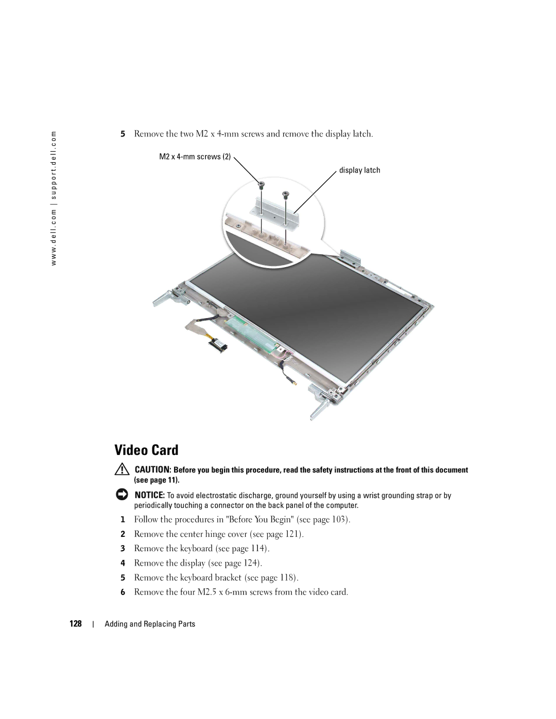 Dell PP09L owner manual Video Card, Remove the two M2 x 4-mm screws and remove the display latch 