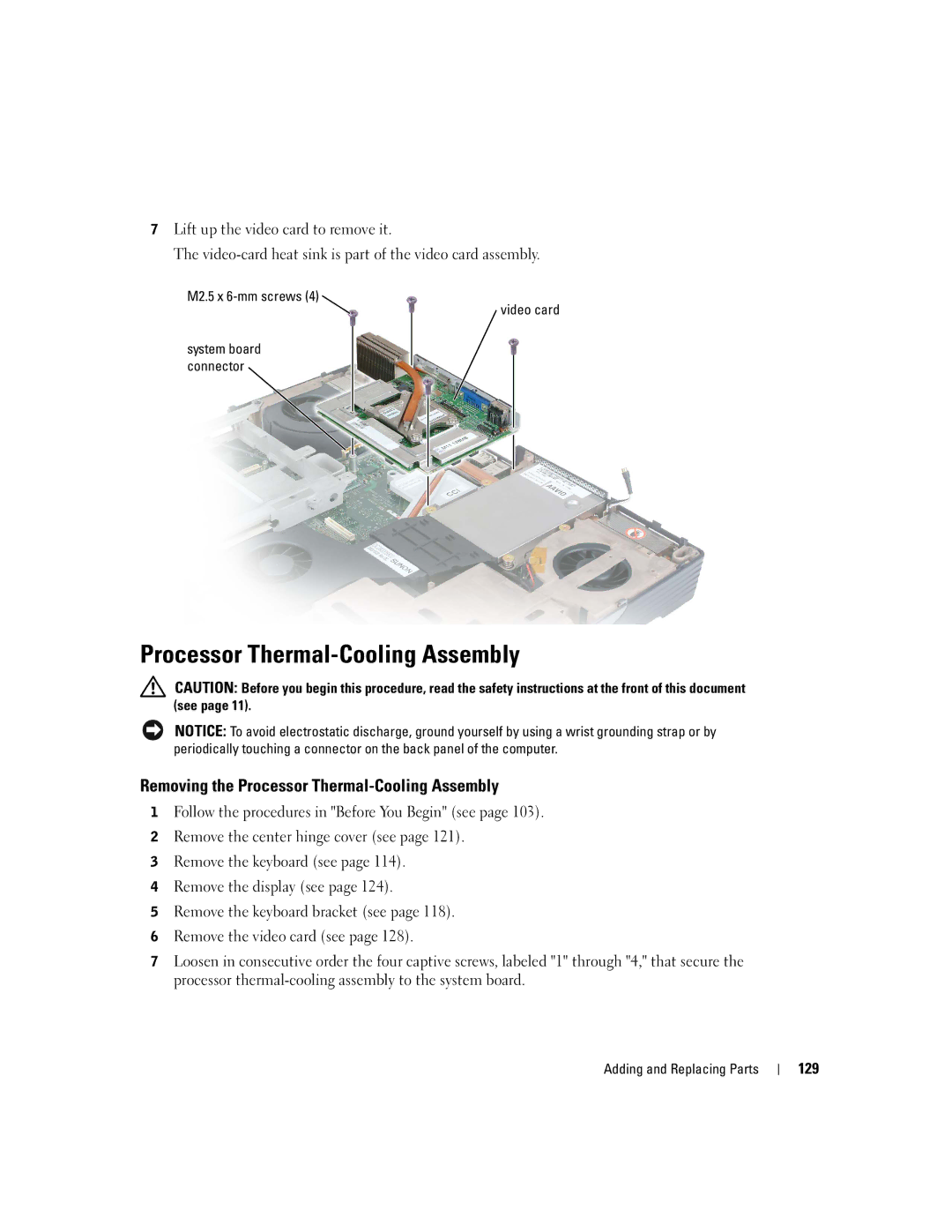 Dell PP09L owner manual Removing the Processor Thermal-Cooling Assembly, 129 