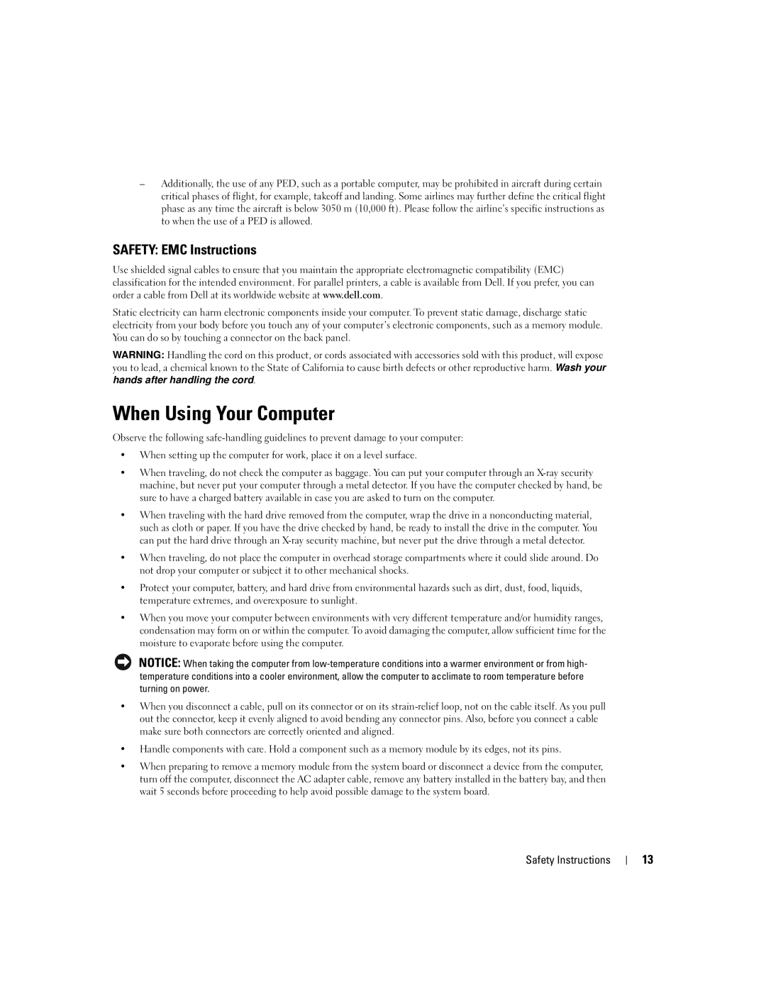 Dell PP09L owner manual When Using Your Computer, Safety EMC Instructions 