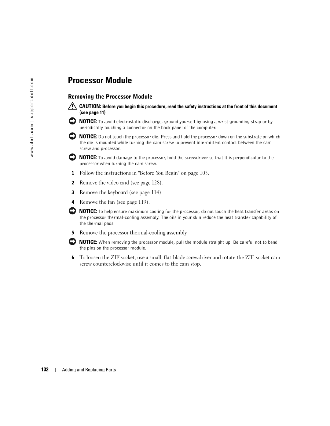 Dell PP09L owner manual Removing the Processor Module, 132 