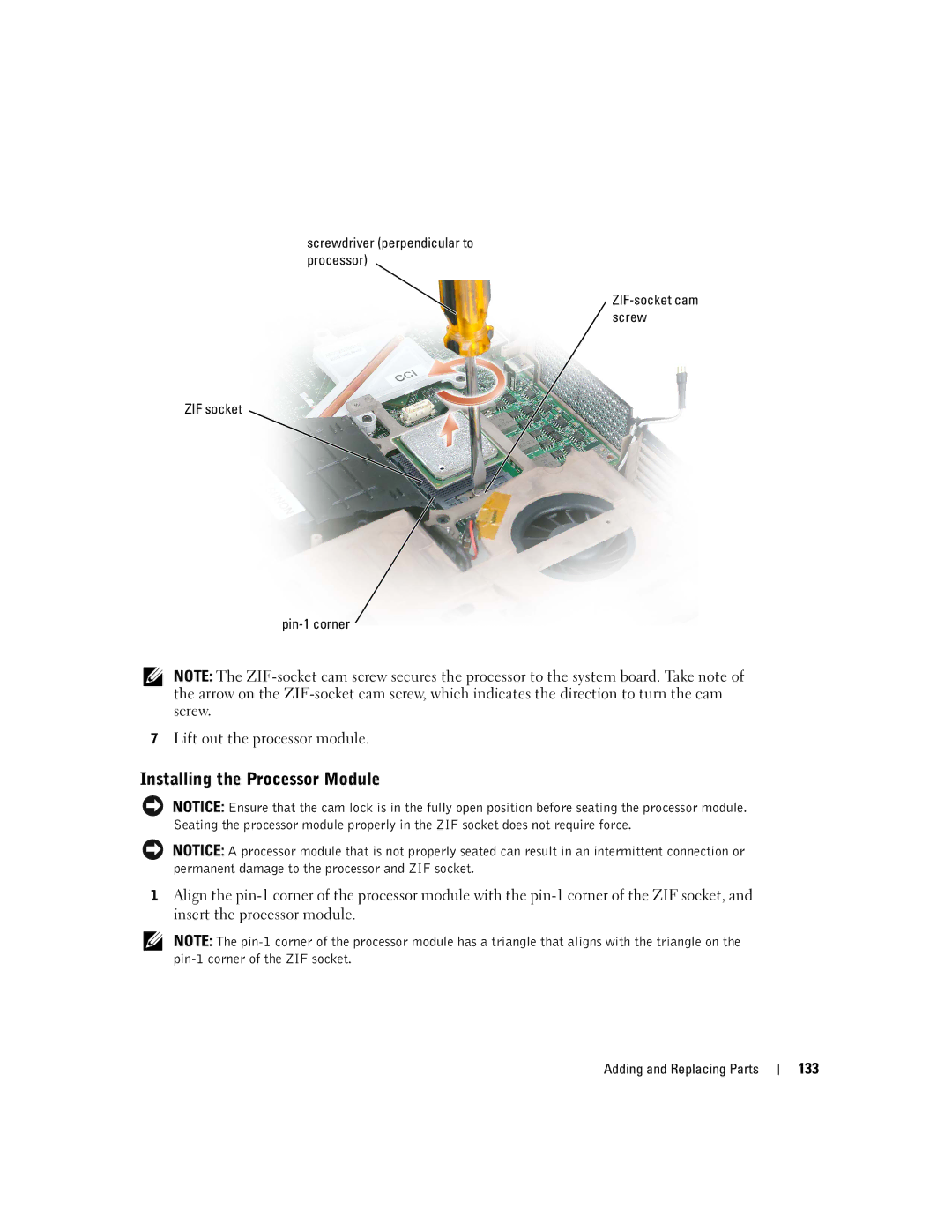 Dell PP09L owner manual Installing the Processor Module, 133 