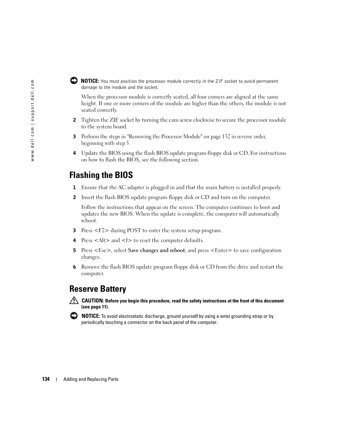 Dell PP09L owner manual Flashing the Bios, Reserve Battery, 134 