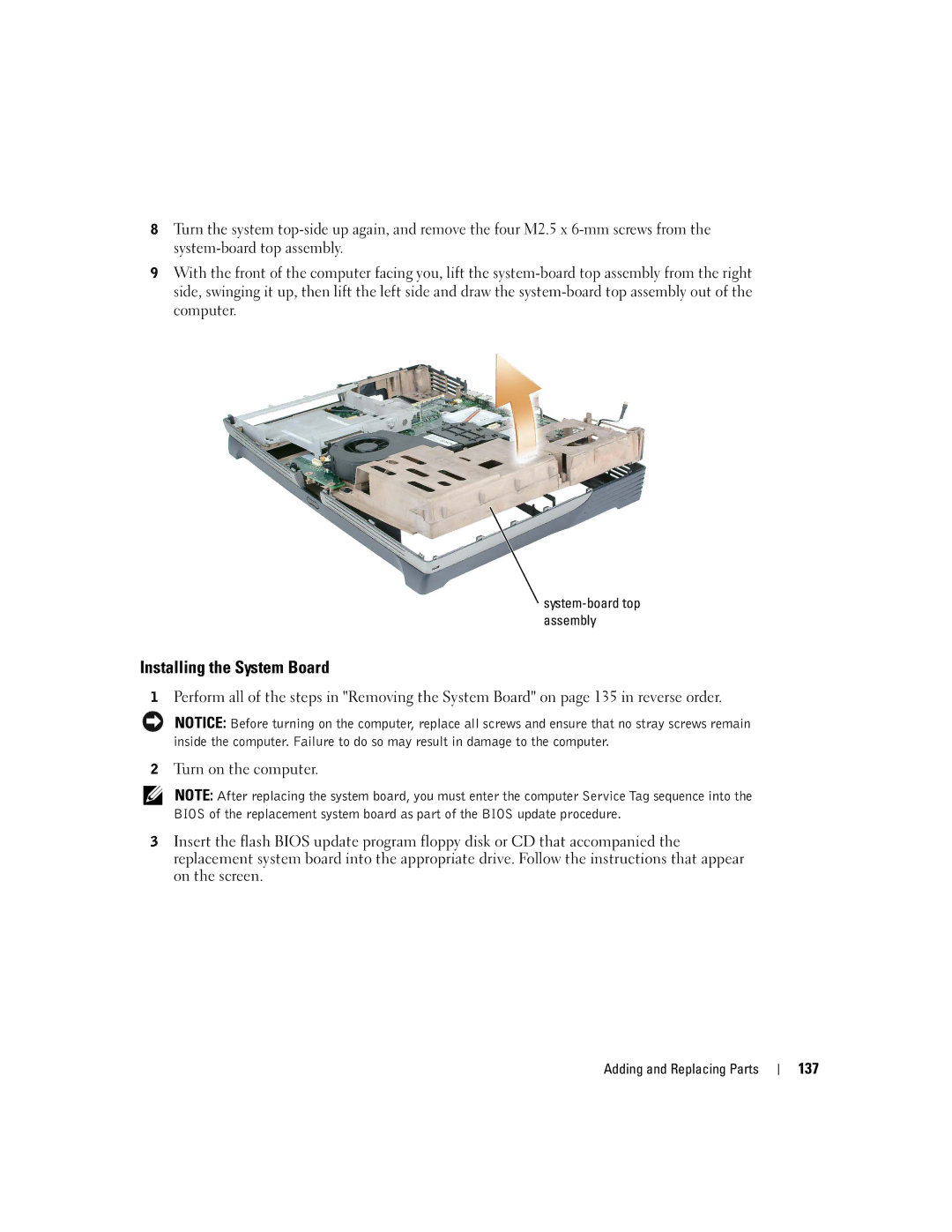 Dell PP09L owner manual Installing the System Board, 137 