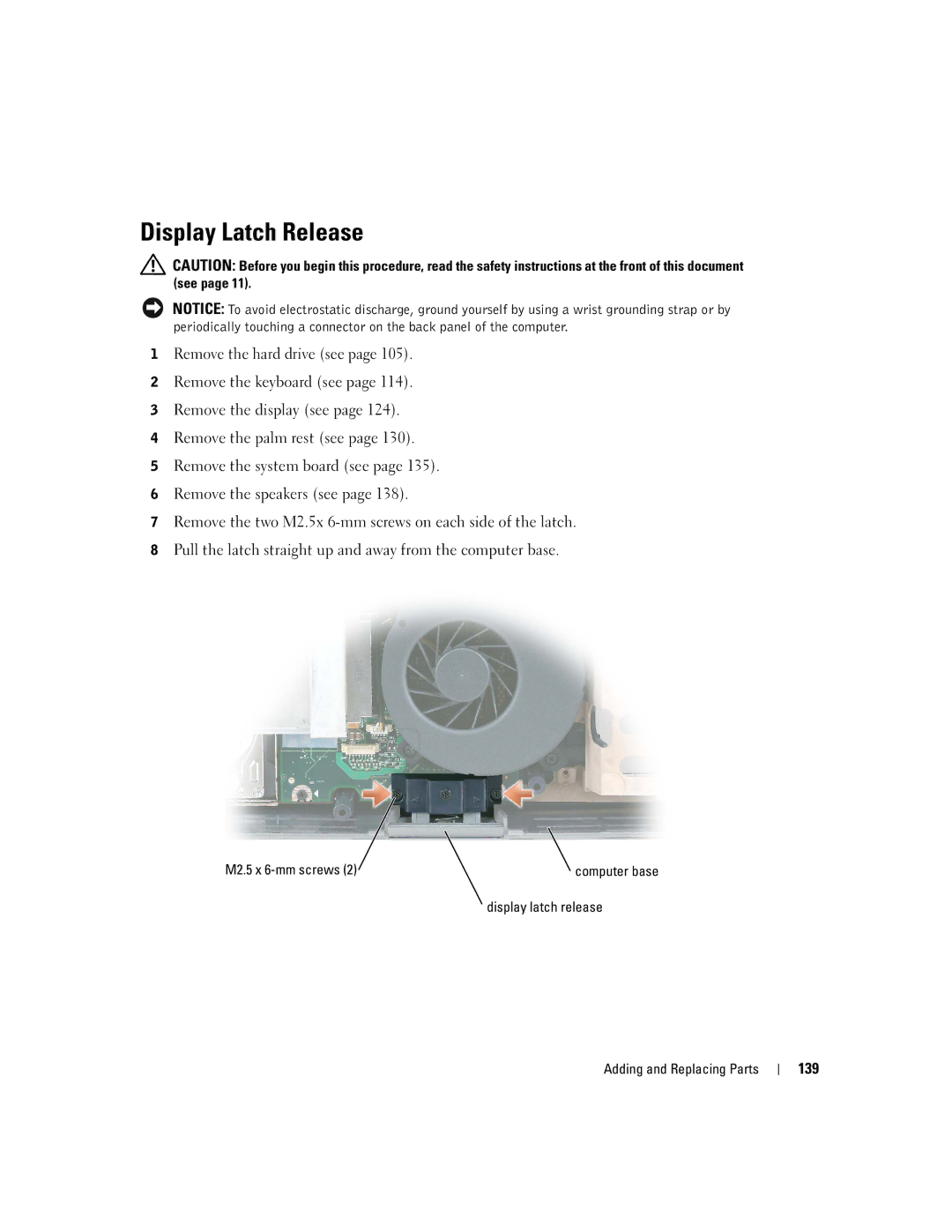 Dell PP09L owner manual Display Latch Release, 139 