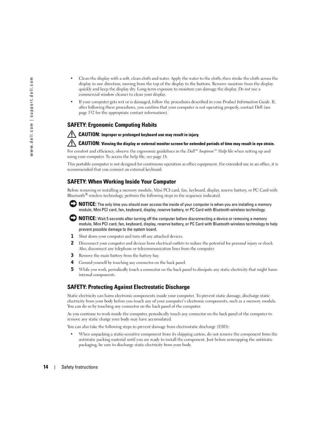 Dell PP09L owner manual Safety Ergonomic Computing Habits, Safety When Working Inside Your Computer 