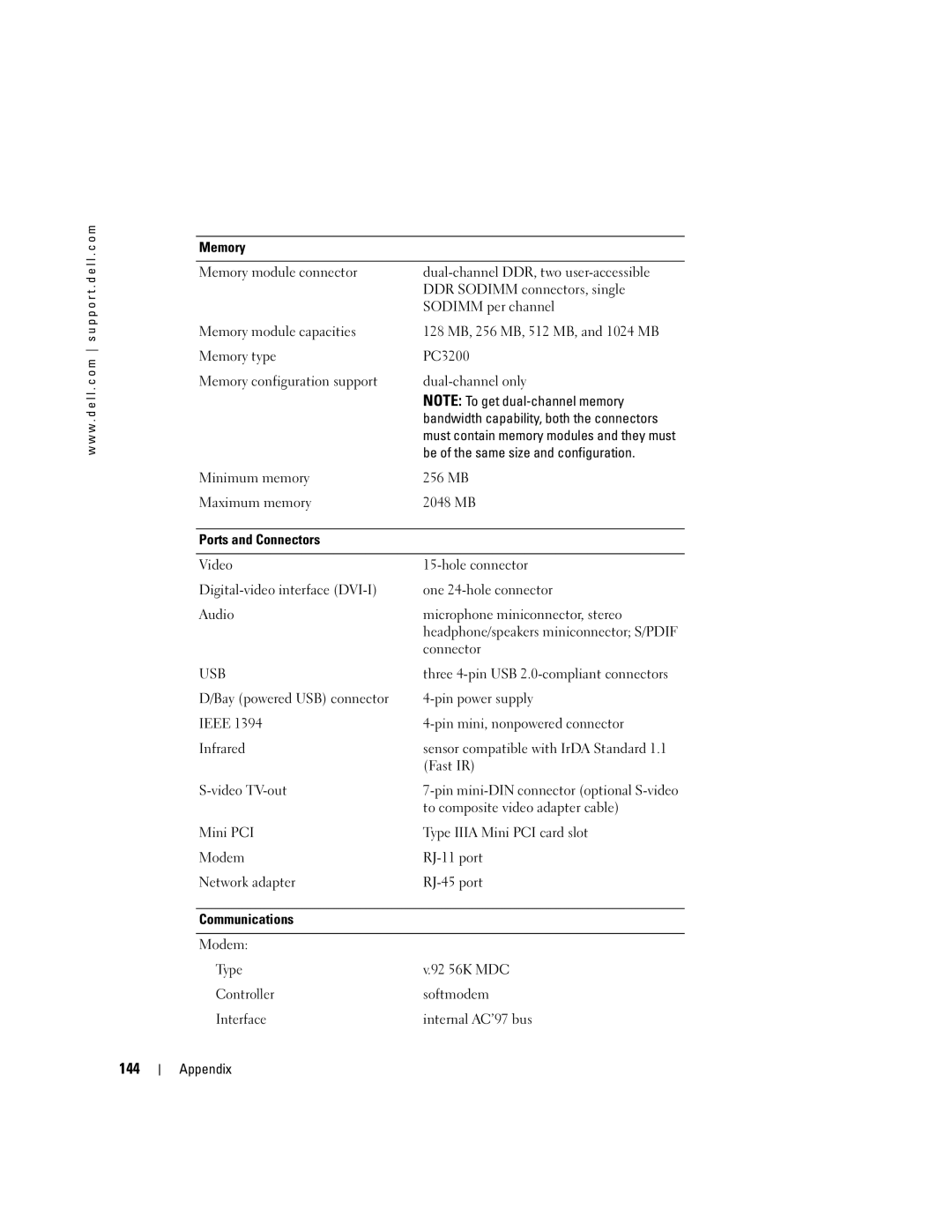 Dell PP09L owner manual 144, Usb 