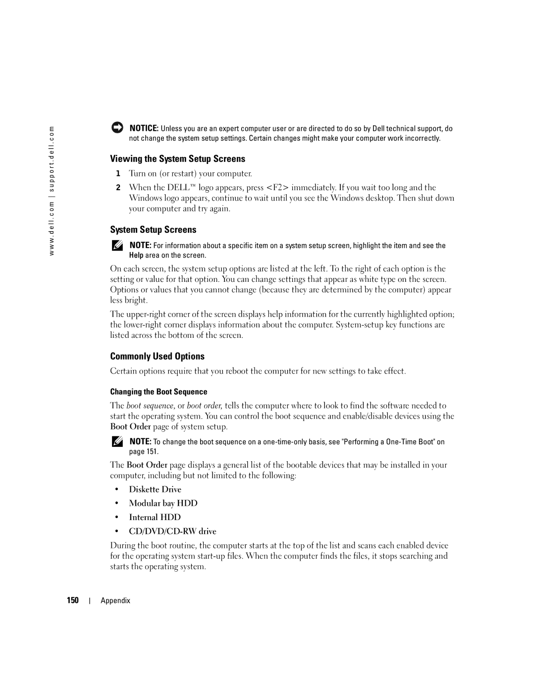 Dell PP09L owner manual Viewing the System Setup Screens, Commonly Used Options, 150 