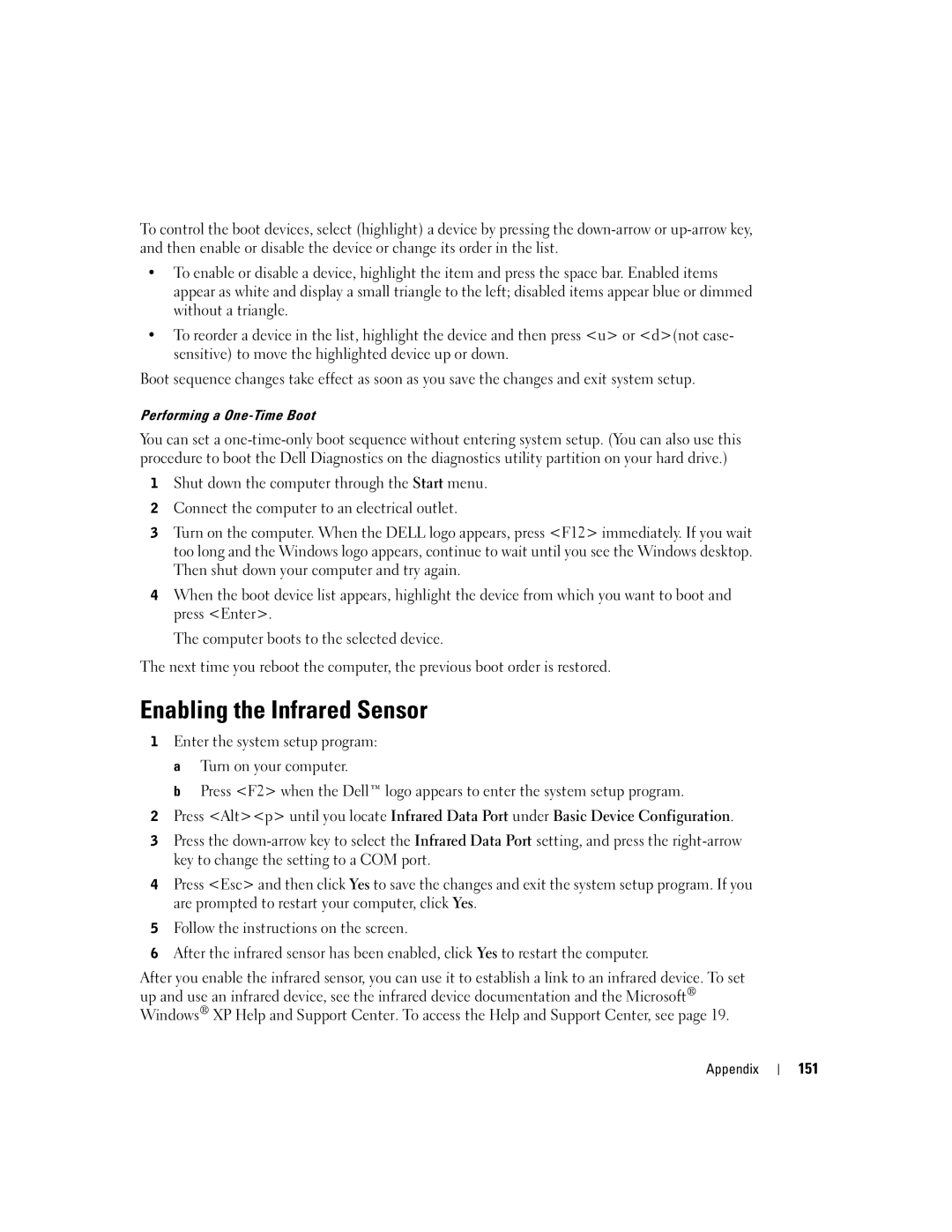 Dell PP09L owner manual Enabling the Infrared Sensor, 151 