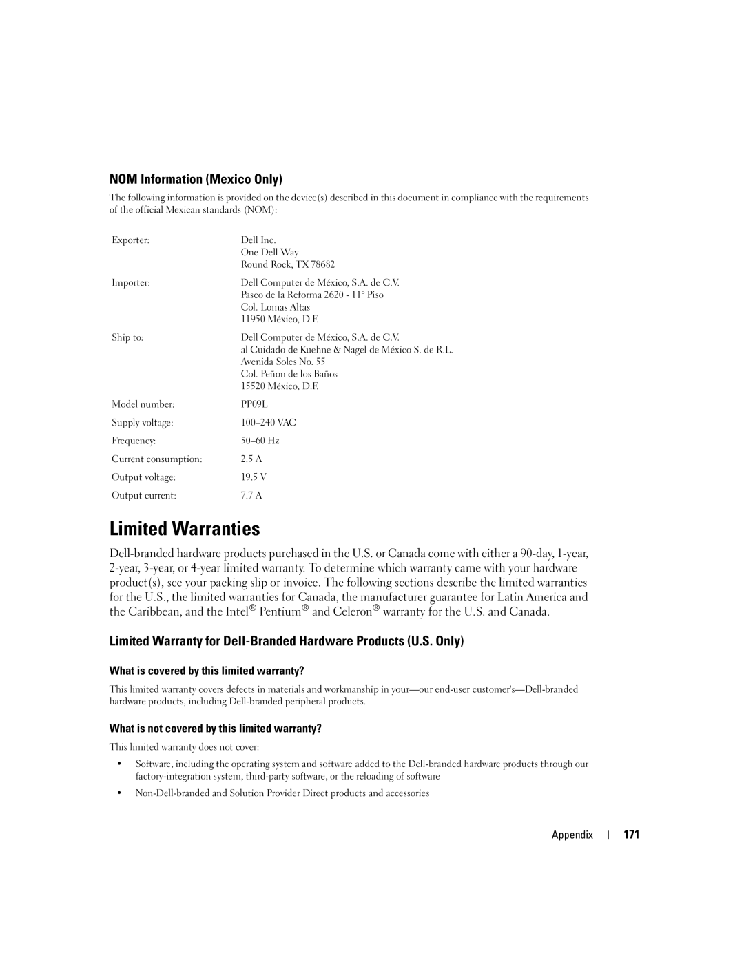 Dell PP09L owner manual Limited Warranties, NOM Information Mexico Only, What is covered by this limited warranty?, 171 