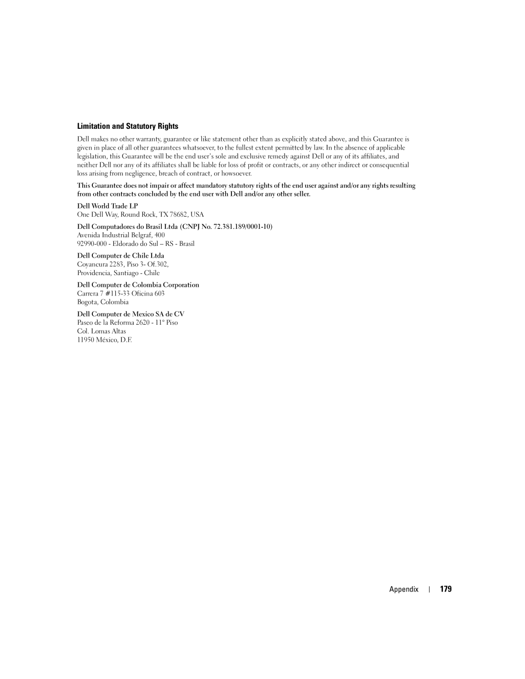 Dell PP09L owner manual Limitation and Statutory Rights, 179 