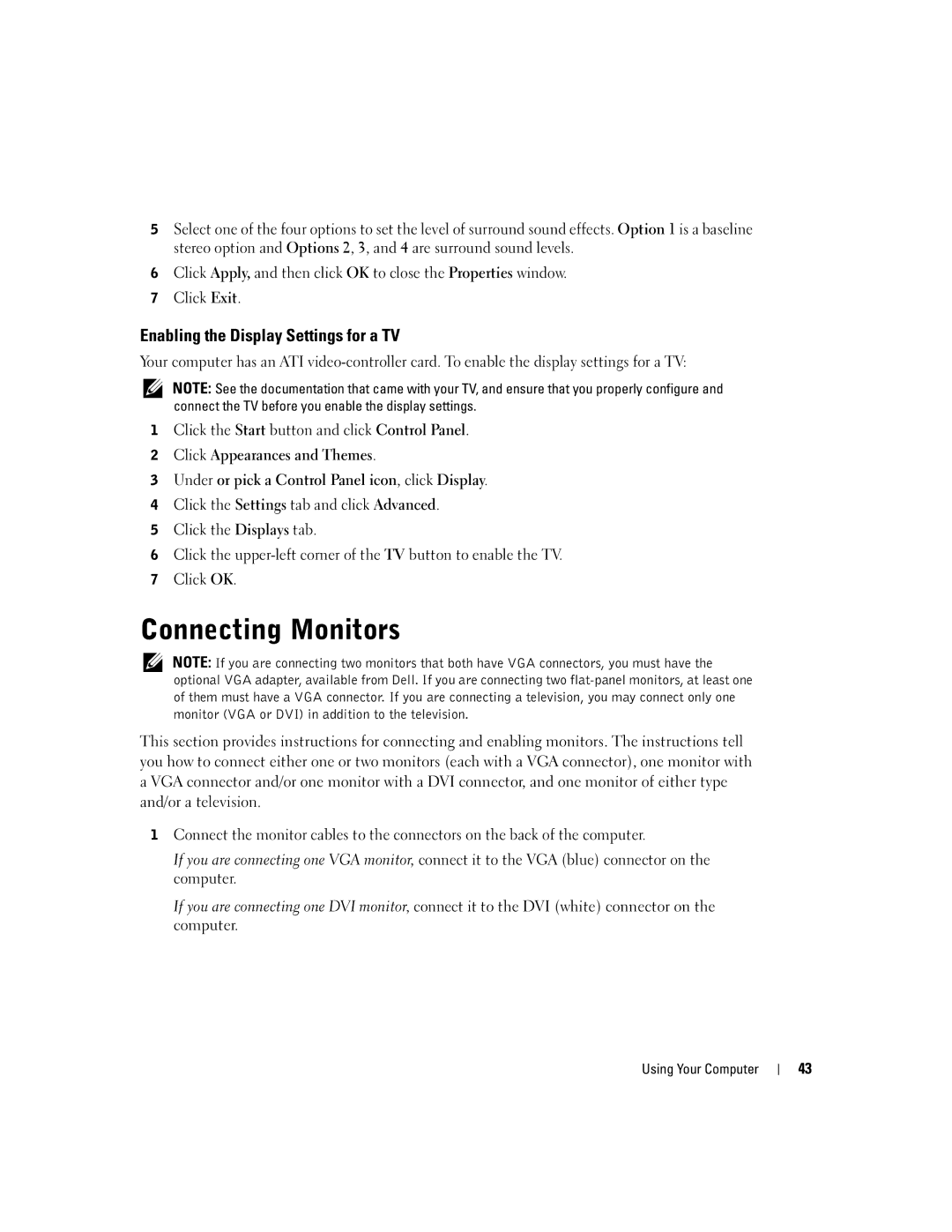 Dell PP09L owner manual Connecting Monitors, Enabling the Display Settings for a TV 