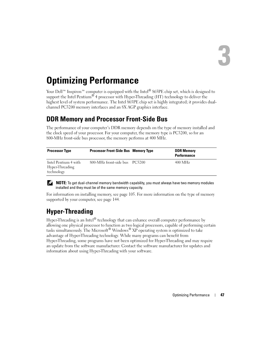 Dell PP09L owner manual DDR Memory and Processor Front-Side Bus, Hyper-Threading 