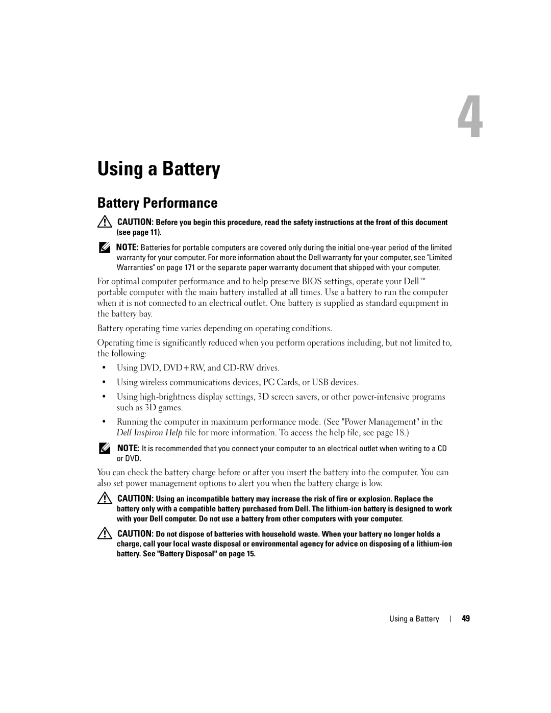 Dell PP09L owner manual Using a Battery, Battery Performance 