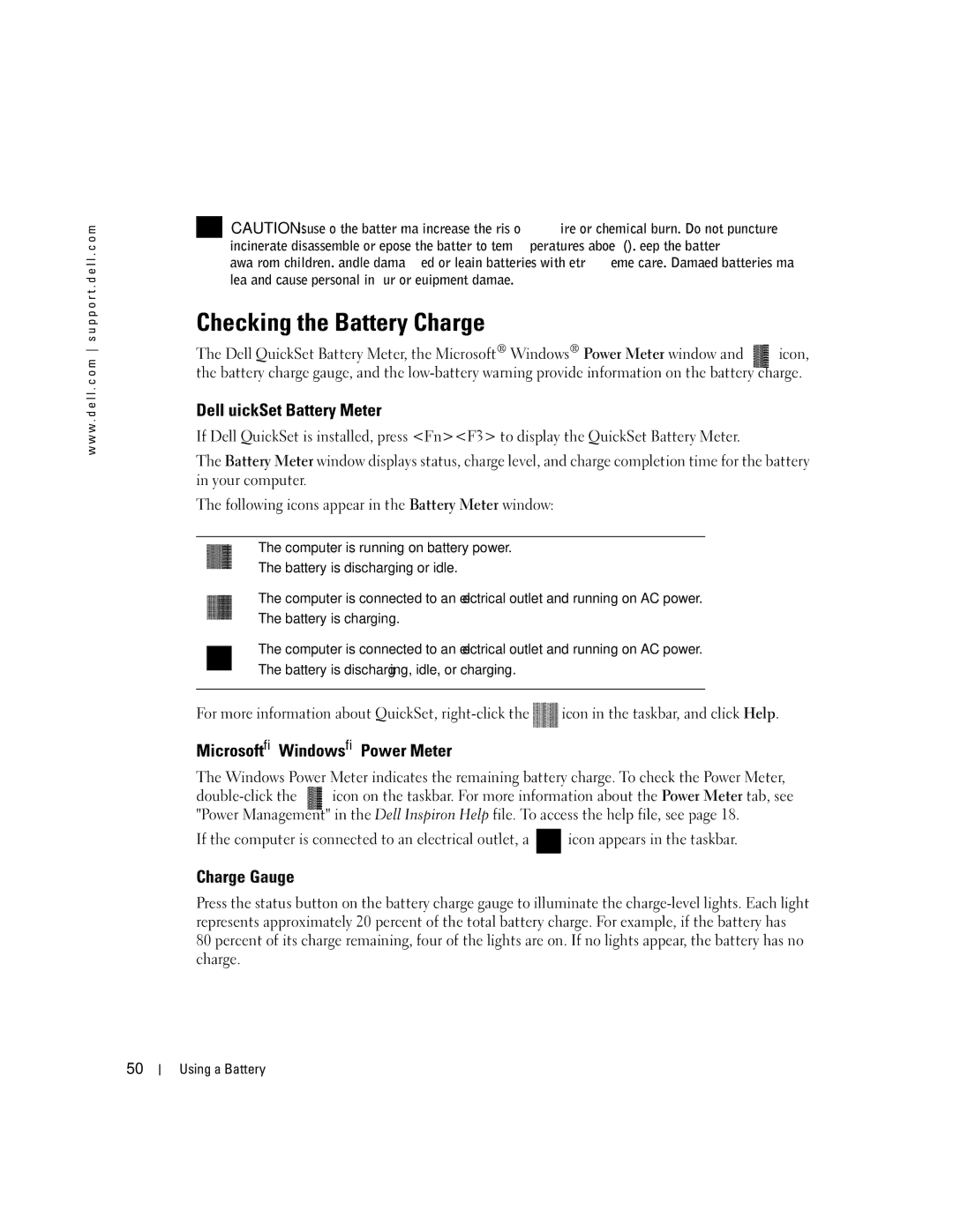 Dell PP09L Checking the Battery Charge, Dell QuickSet Battery Meter, Microsoft Windows Power Meter, Charge Gauge 