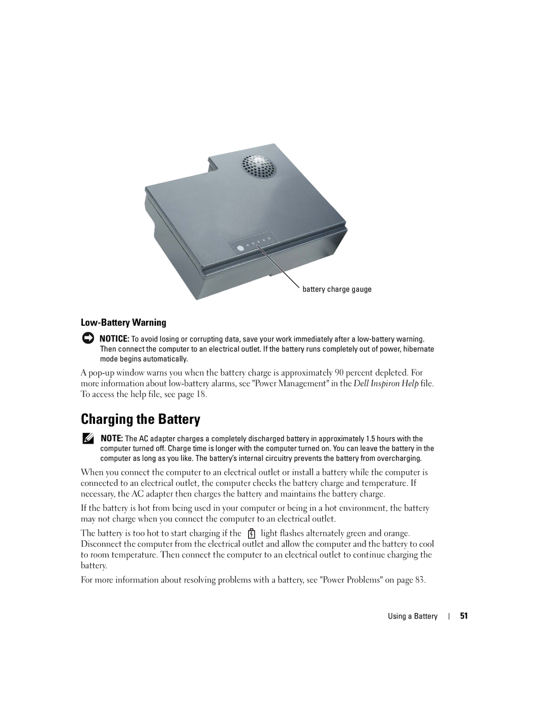 Dell PP09L owner manual Charging the Battery, Low-Battery Warning 