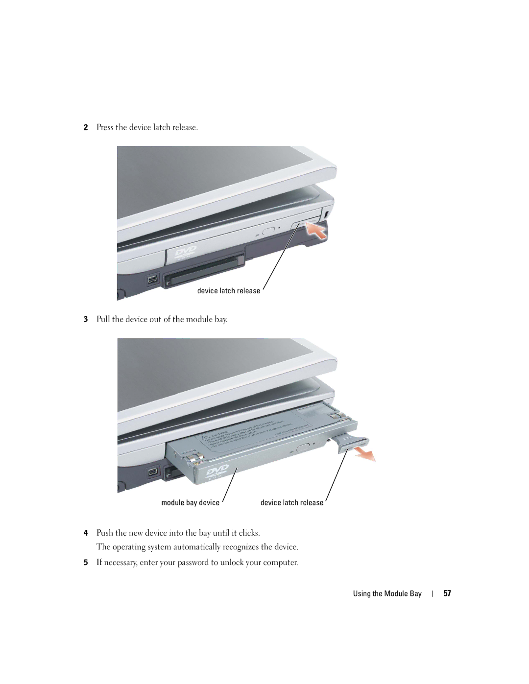 Dell PP09L owner manual Press the device latch release 