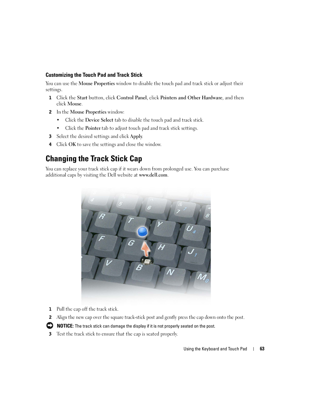 Dell PP09L owner manual Changing the Track Stick Cap, Customizing the Touch Pad and Track Stick 