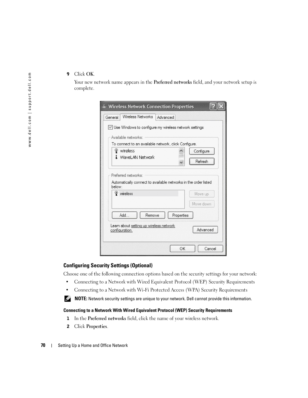 Dell PP09L owner manual Configuring Security Settings Optional 