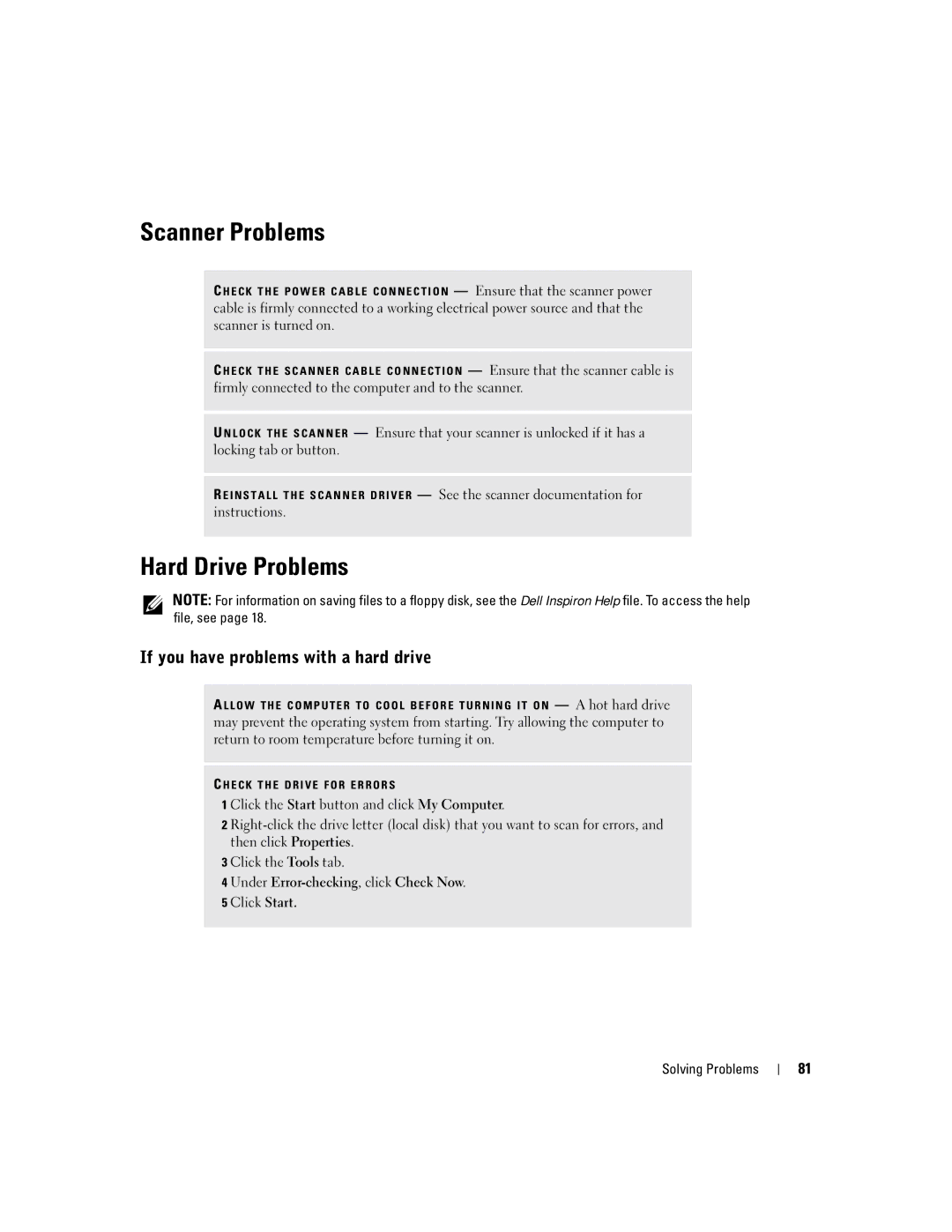 Dell PP09L owner manual Scanner Problems, Hard Drive Problems, If you have problems with a hard drive 