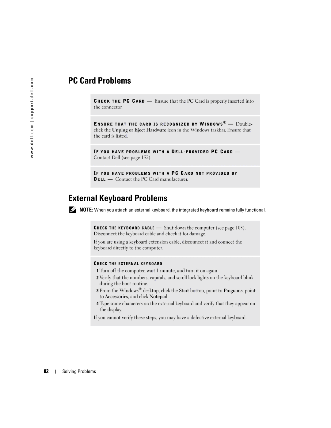 Dell PP09L owner manual PC Card Problems, External Keyboard Problems 