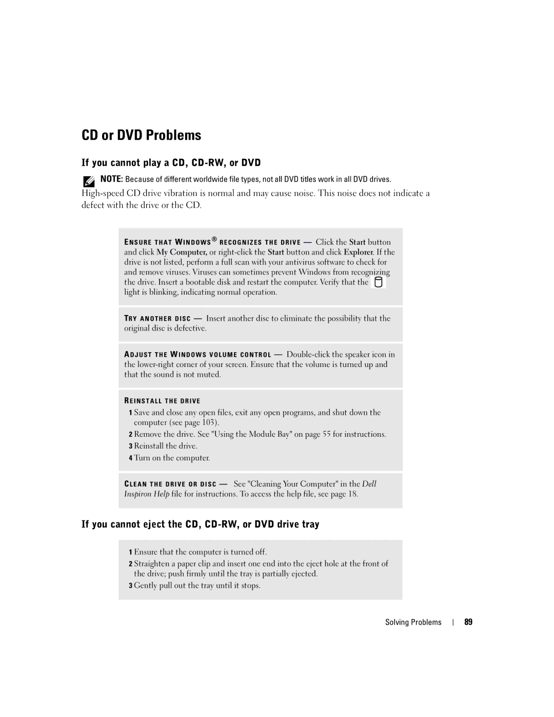 Dell PP09L owner manual CD or DVD Problems, If you cannot play a CD, CD-RW, or DVD 