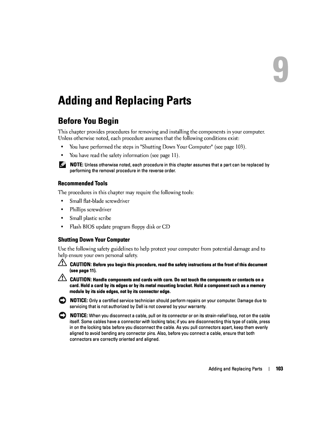 Dell PP09L owner manual Adding and Replacing Parts, Before You Begin, Recommended Tools, Shutting Down Your Computer 