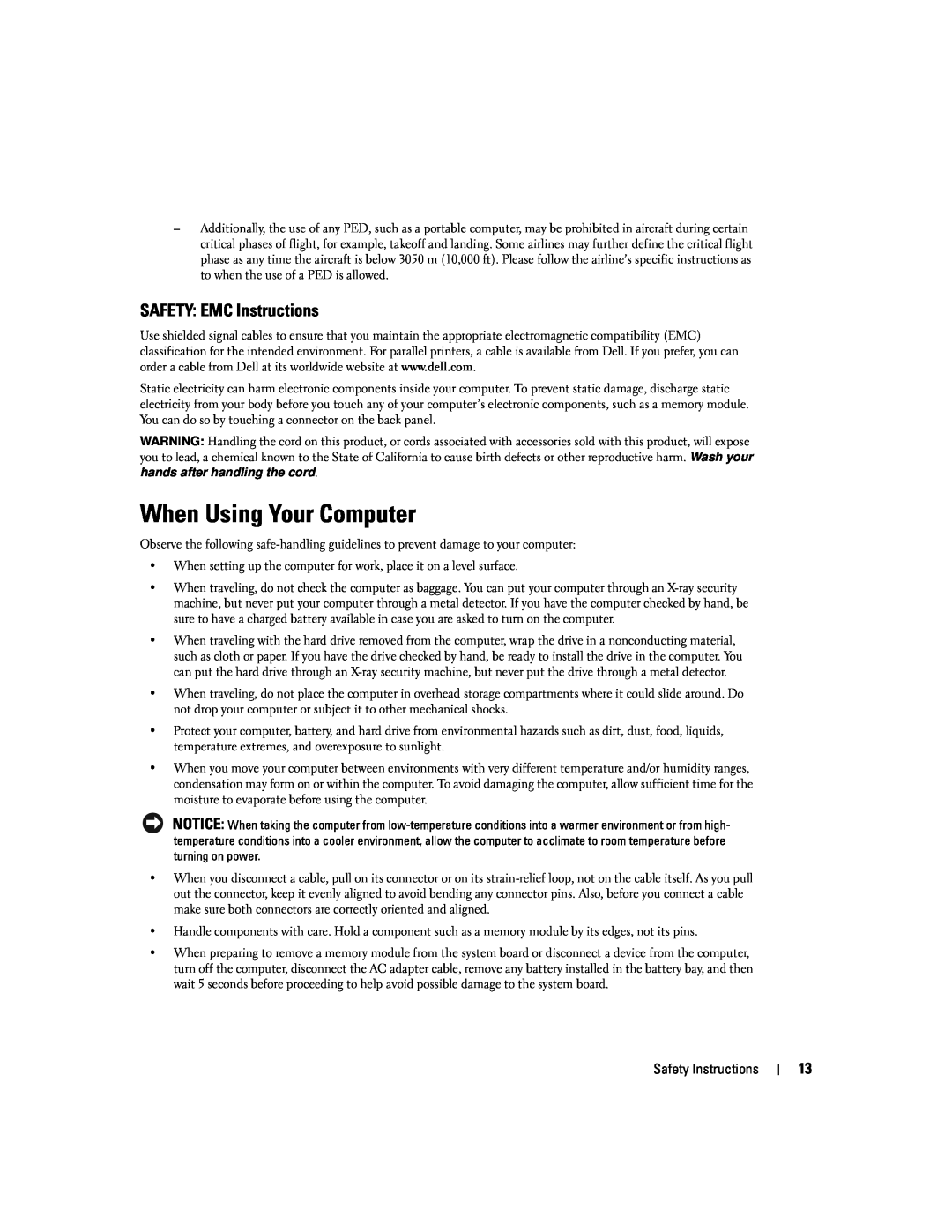 Dell PP09L owner manual When Using Your Computer, SAFETY EMC Instructions 