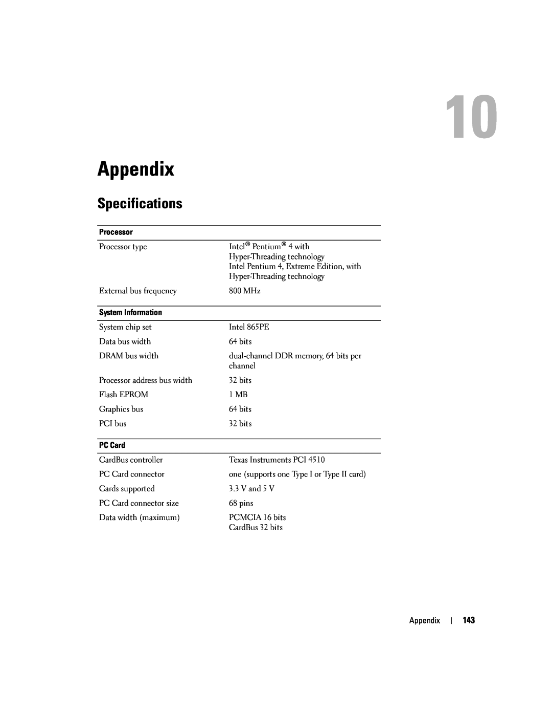 Dell PP09L owner manual Appendix, Specifications 